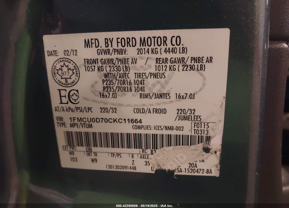 2012 FORD ESCAPE VIN: 1FMCU0D70CKC11664