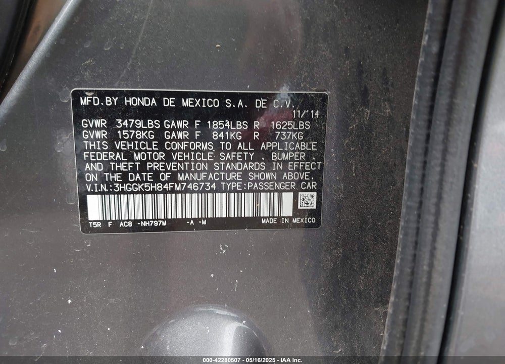 2015 HONDA FIT EX/EX-L VIN: 3HGGK5H84FM746734