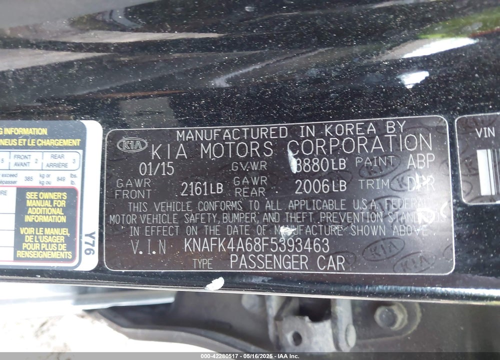 2015 KIA FORTE VIN: KNAFK4A68F5393463