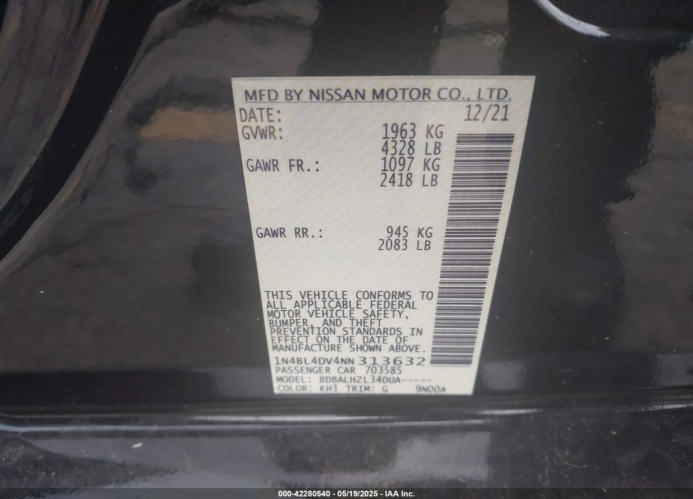 2022 NISSAN ALTIMA VIN: 1N4BL4DV4NN313632