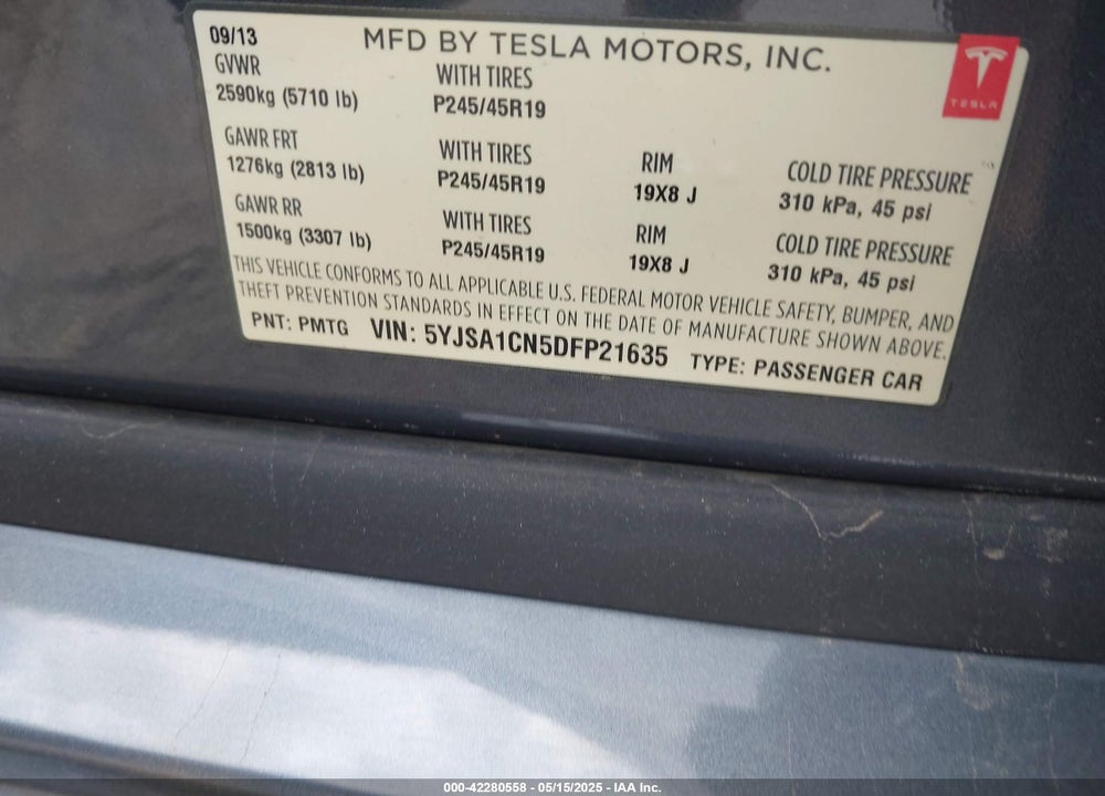 2013 TESLA MODEL S VIN: 5YJSA1CN5DFP21635