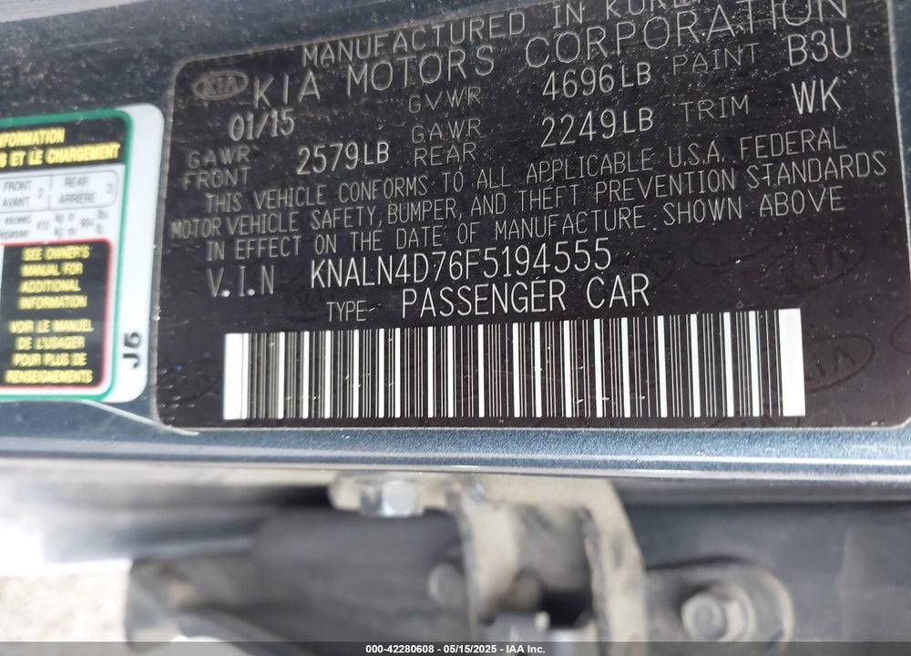 2015 KIA CADENZA PREMIUM VIN: KNALN4D76F5194555