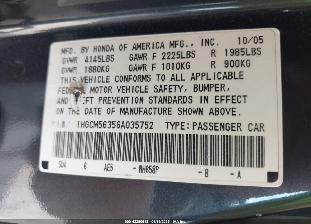 2006 HONDA ACCORD 2.4 SE VIN: 1HGCM56356A035752