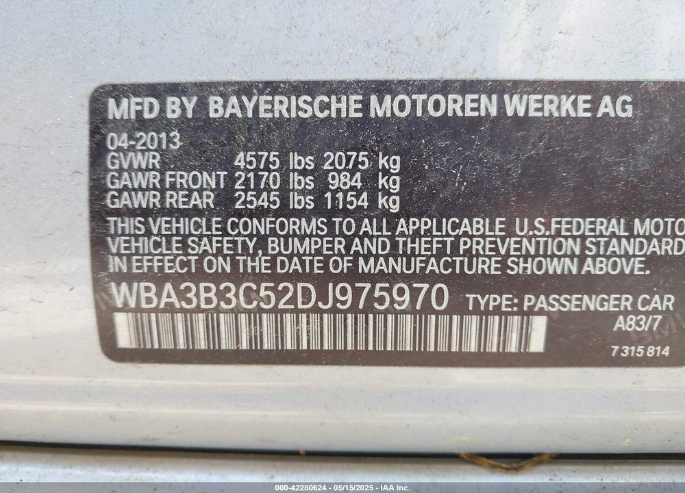 2013 BMW 328 VIN: WBA3B3C52DJ975970