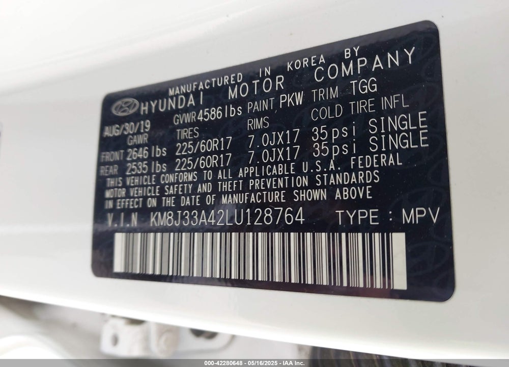 2020 HYUNDAI TUCSON VIN: KM8J33A42LU128764