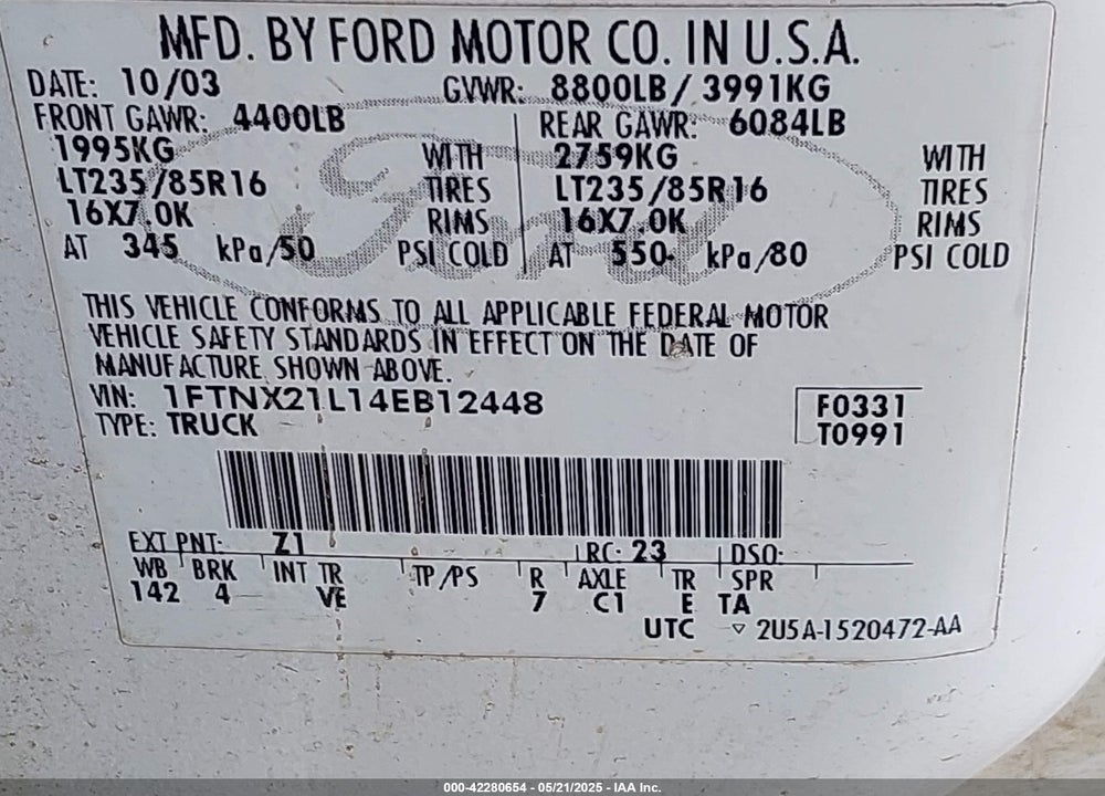 2004 FORD F-250 LARIAT/XL/XLT VIN: 1FTNX21L14EB12448