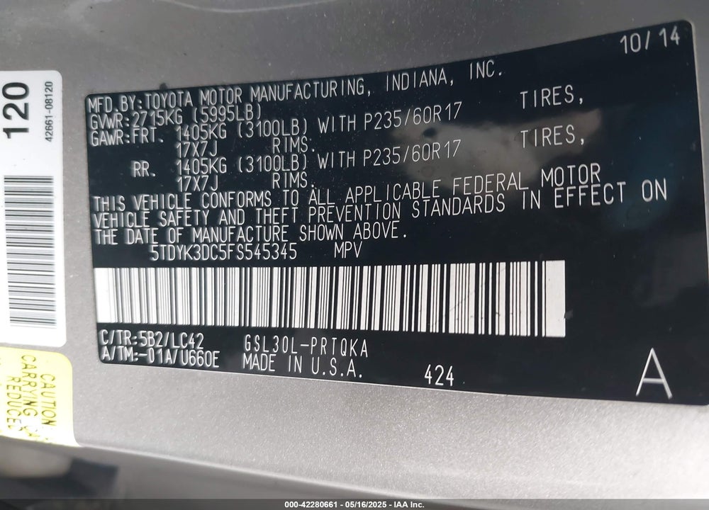 2015 TOYOTA SIENNA XLE PREMIUM 8 PASSENGER VIN: 5TDYK3DC5FS545345