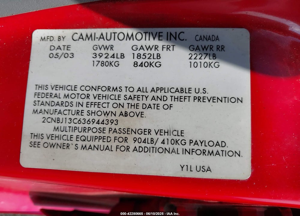 2003 CHEVROLET TRACKER HARD TOP BASE VIN: 2CNBJ13C636944393