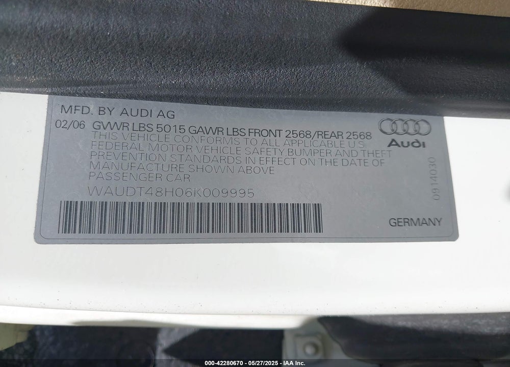 2006 AUDI A4 3.0 VIN: WAUDT48H06K009995