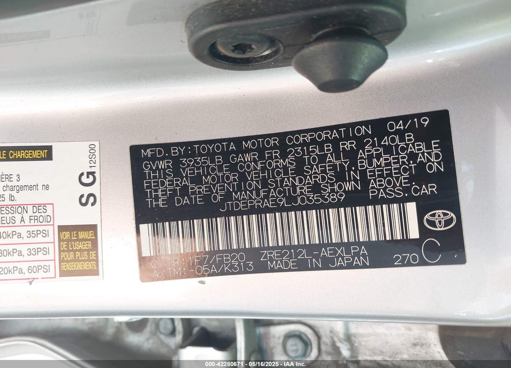 2020 TOYOTA COROLLA VIN: JTDEPRAE9LJ035389