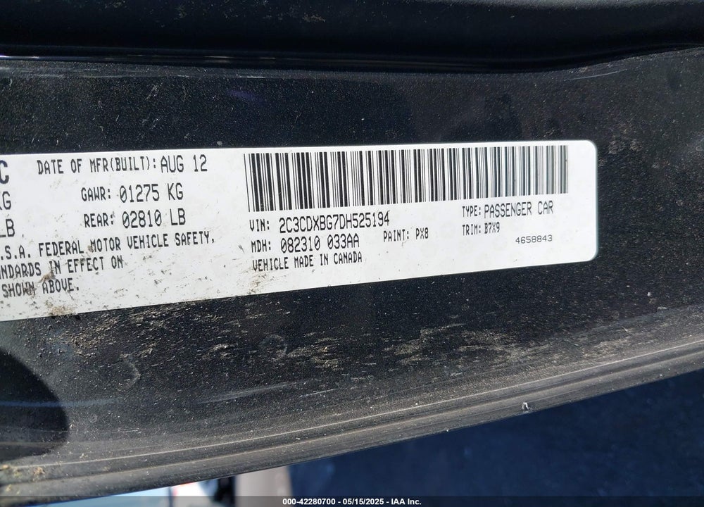 2013 DODGE CHARGER SE VIN: 2C3CDXBG7DH525194