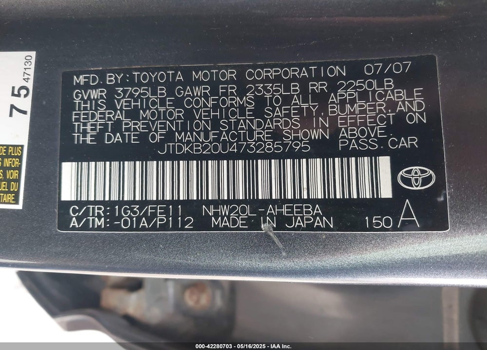 2007 TOYOTA PRIUS VIN: JTDKB20U473285795