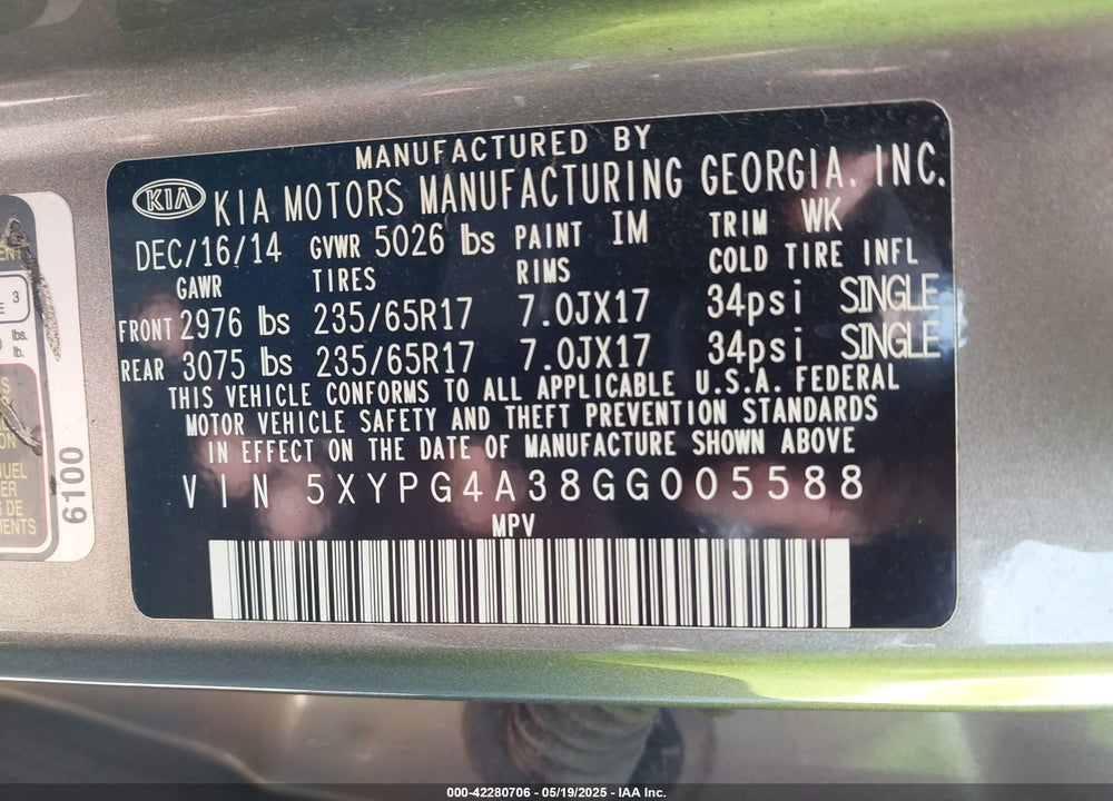 2016 KIA SORENTO VIN: 5XYPG4A38GG005588