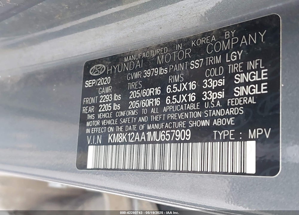 2021 HYUNDAI KONA SE VIN: KM8K12AA1MU657909