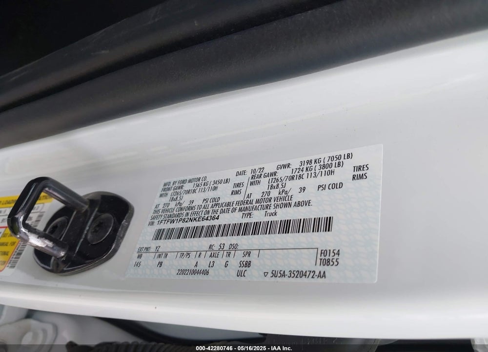 2022 FORD F-150 VIN: 1FTFW1P82NKE64364