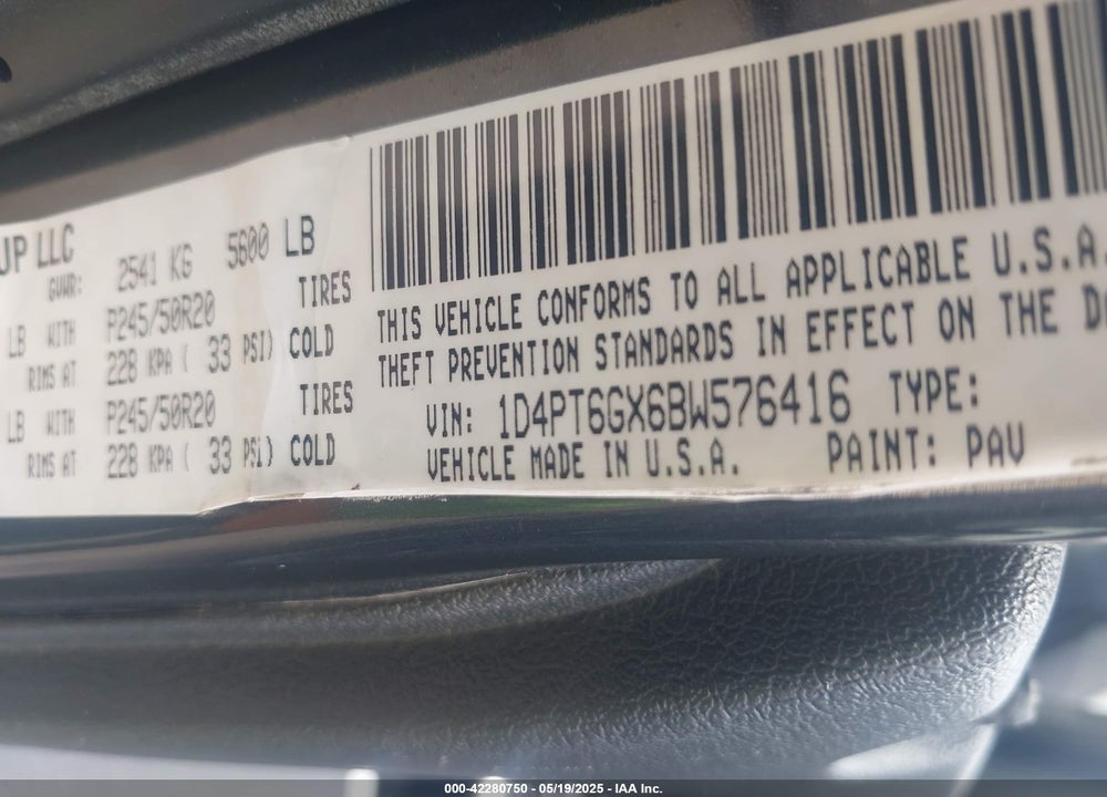 2011 DODGE NITRO VIN: 1D4PT6GX6BW576416