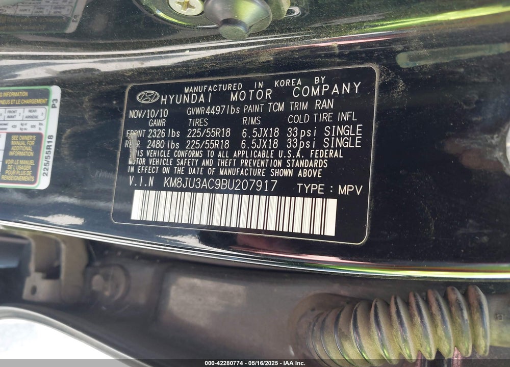 2011 HYUNDAI TUCSON LIMITED VIN: KM8JU3AC9BU207917