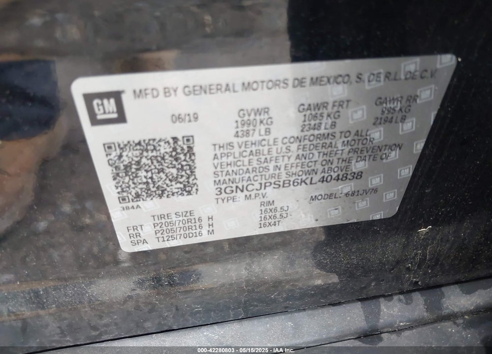 2019 CHEVROLET TRAX VIN: 3GNCJPSB6KL404838