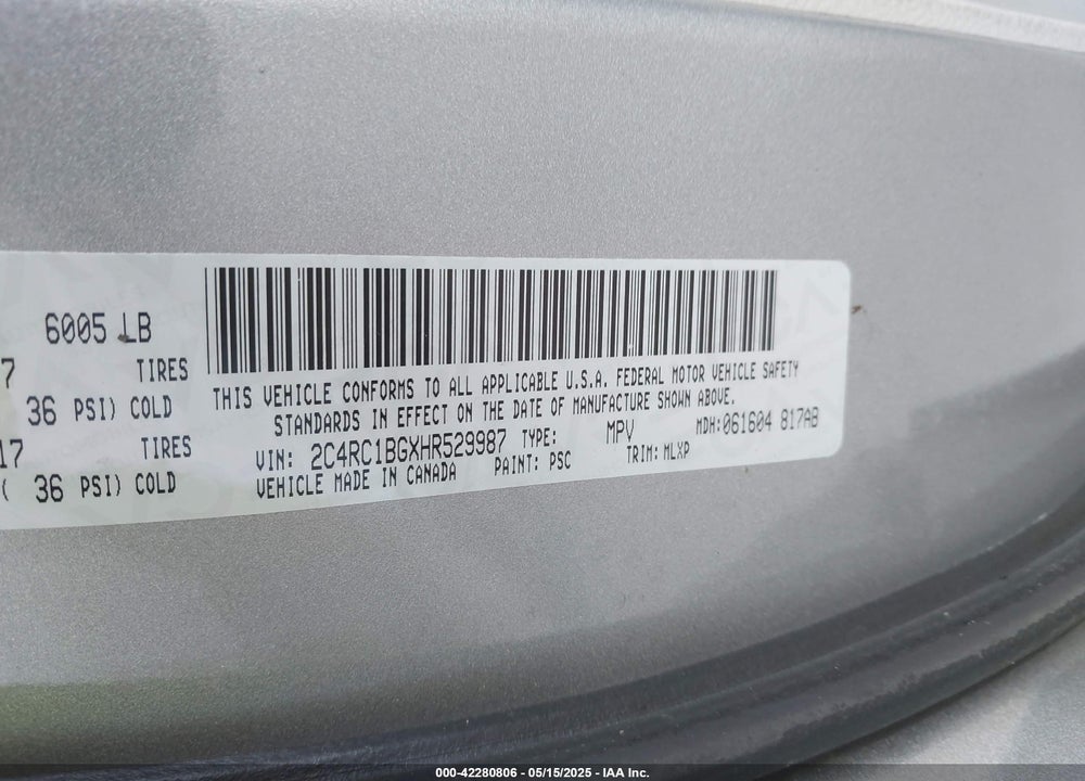 2017 CHRYSLER PACIFICA TOURING L VIN: 2C4RC1BGXHR529987