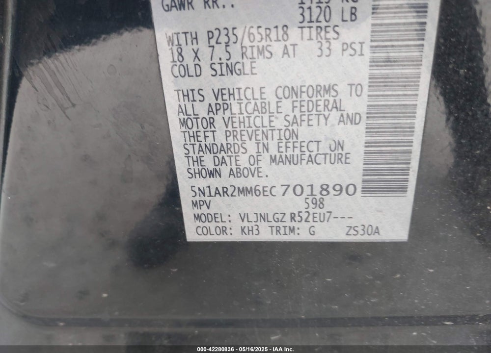 2014 NISSAN PATHFINDER VIN: 5N1AR2MM6EC701890
