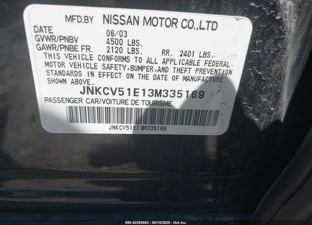 2003 INFINITI G35 LUXURY LEATHER VIN: JNKCV51E13M335169