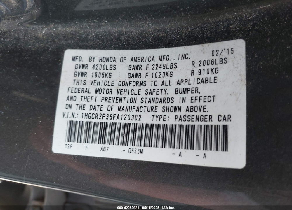 2015 HONDA ACCORD LX VIN: 1HGCR2F35FA120302