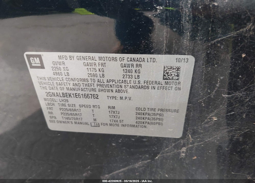 2014 CHEVROLET EQUINOX VIN: 2GNALBEK1E6166762