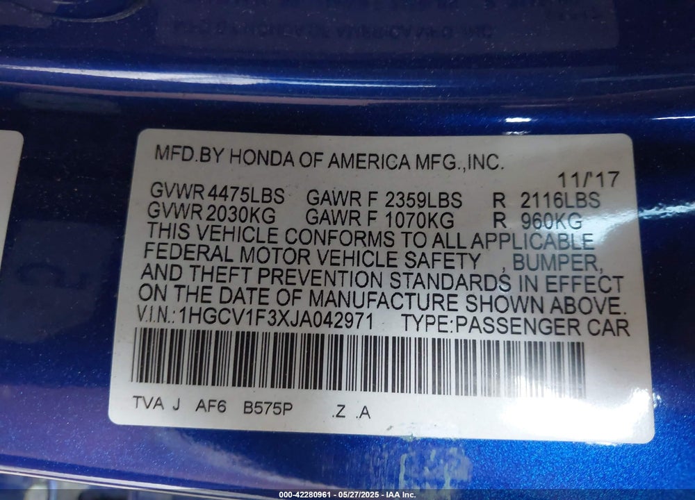 2018 HONDA ACCORD VIN: 1HGCV1F3XJA042971