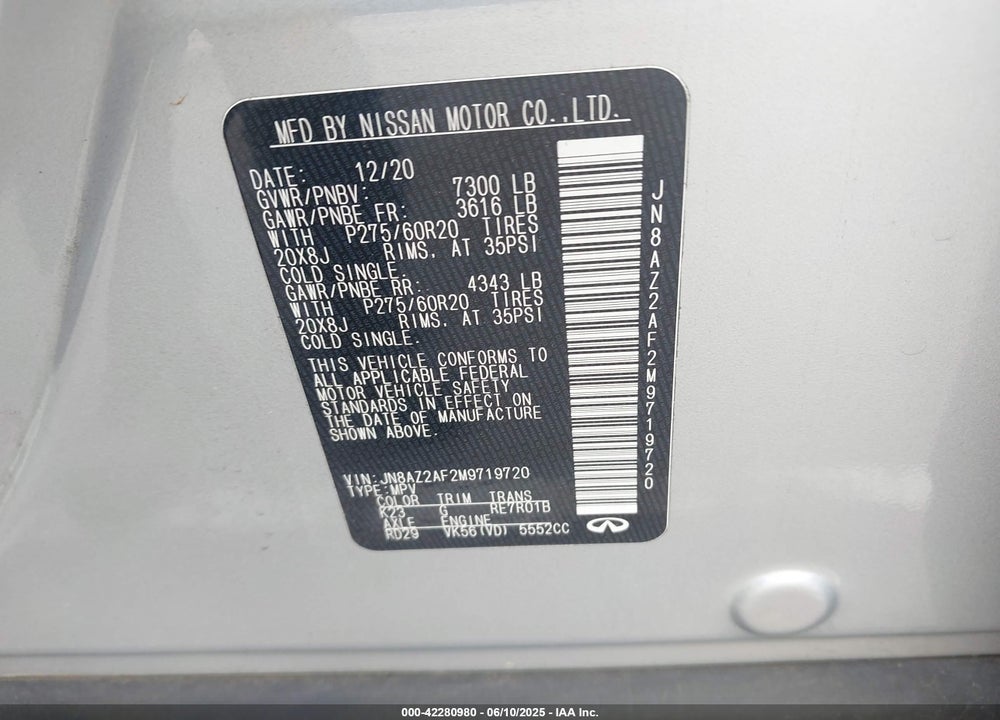 2021 INFINITI QX80 VIN: JN8AZ2AF2M9719720