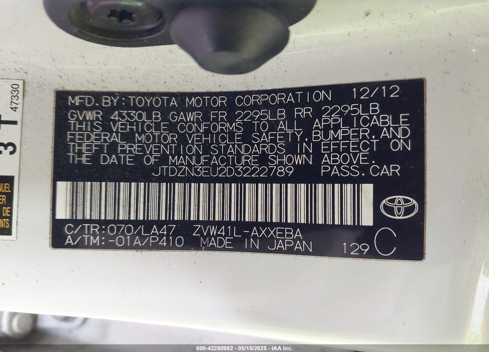 2013 TOYOTA PRIUS V FIVE VIN: JTDZN3EU2D3222789
