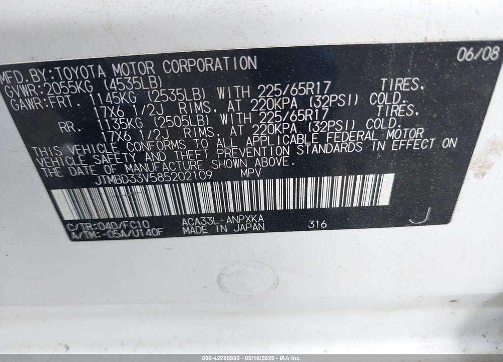 2008 TOYOTA RAV4 VIN: JTMBD33V585202109