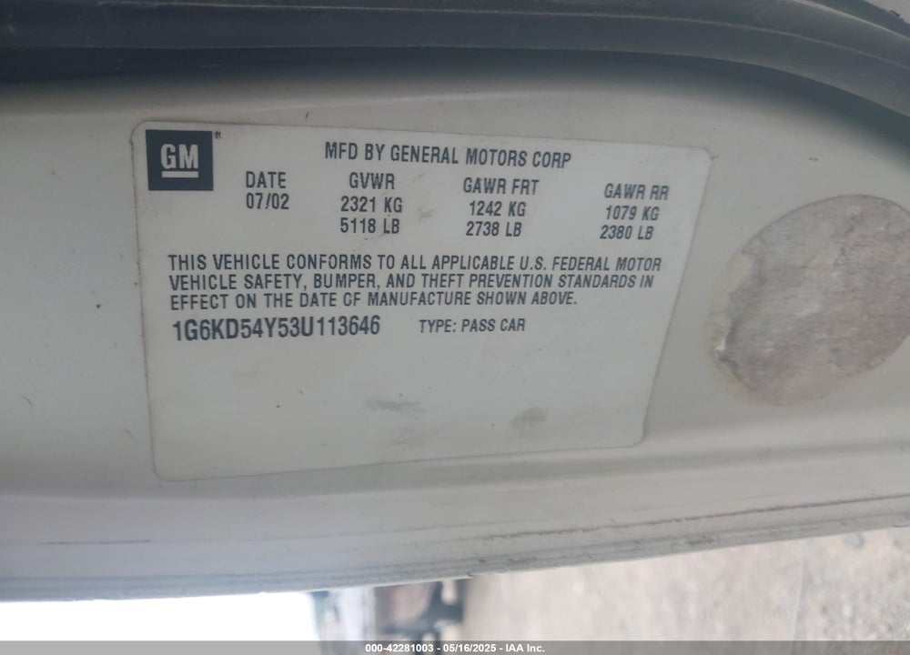 2003 CADILLAC DEVILLE VIN: 1G6KD54Y53U113646