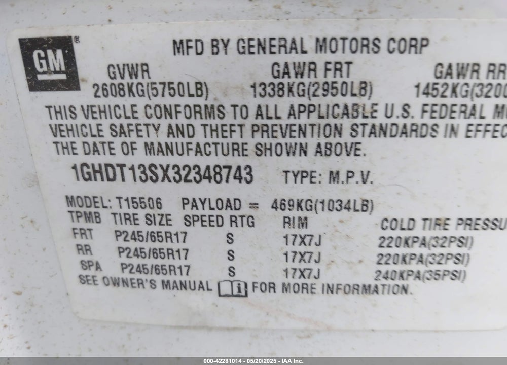 2003 OLDSMOBILE BRAVADA VIN: 1GHDT13SX32348743