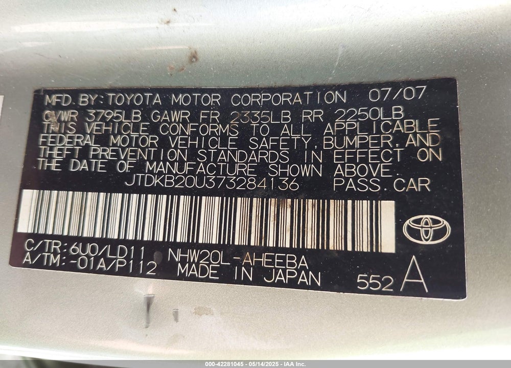 2007 TOYOTA PRIUS VIN: JTDKB20U373284136