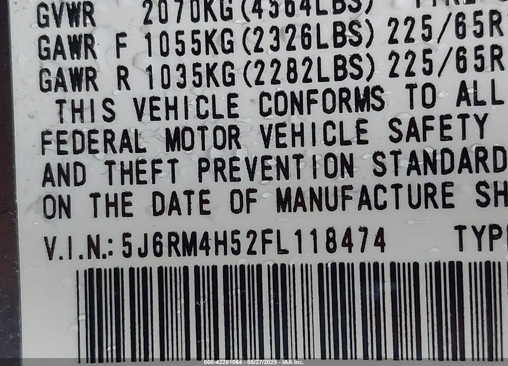 2015 HONDA CR-V EX VIN: 5J6RM4H52FL118474