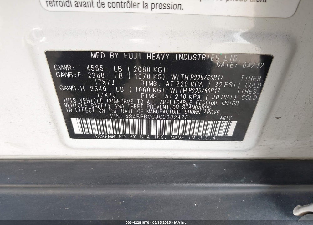 2012 SUBARU OUTBACK 2.5I PREMIUM VIN: 4S4BRBCC9C3282475
