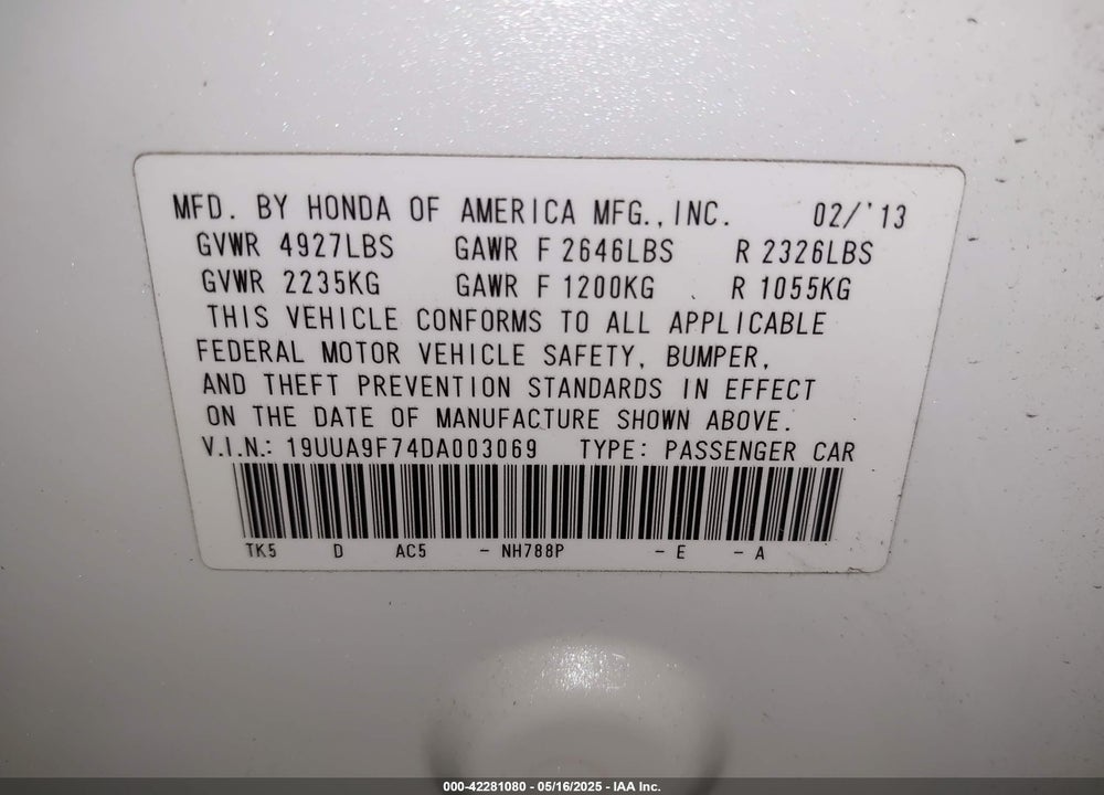 2013 ACURA TL VIN: 19UUA9F74DA003069