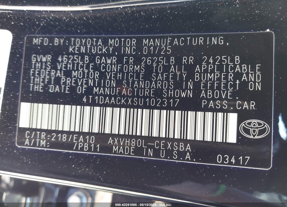 2025 TOYOTA CAMRY SE VIN: 4T1DAACKXSU102317