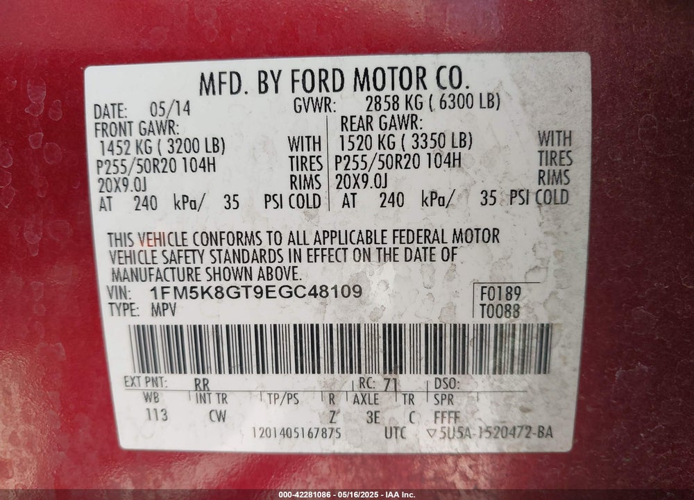 2014 FORD EXPLORER SPORT VIN: 1FM5K8GT9EGC48109