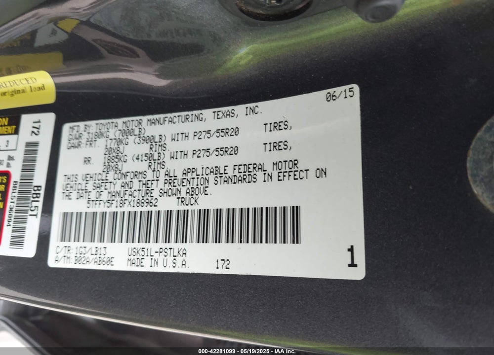 2015 TOYOTA TUNDRA VIN: 5TFFY5F18FX188962