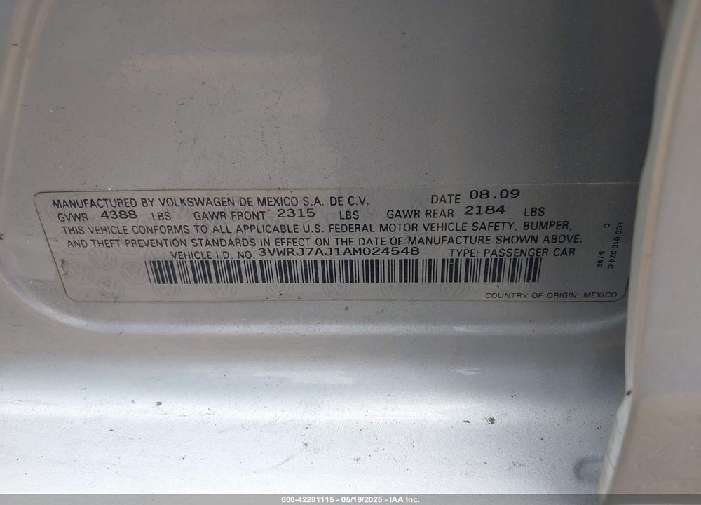 2010 VOLKSWAGEN JETTA VIN: 3VWRJ7AJ1AM024548