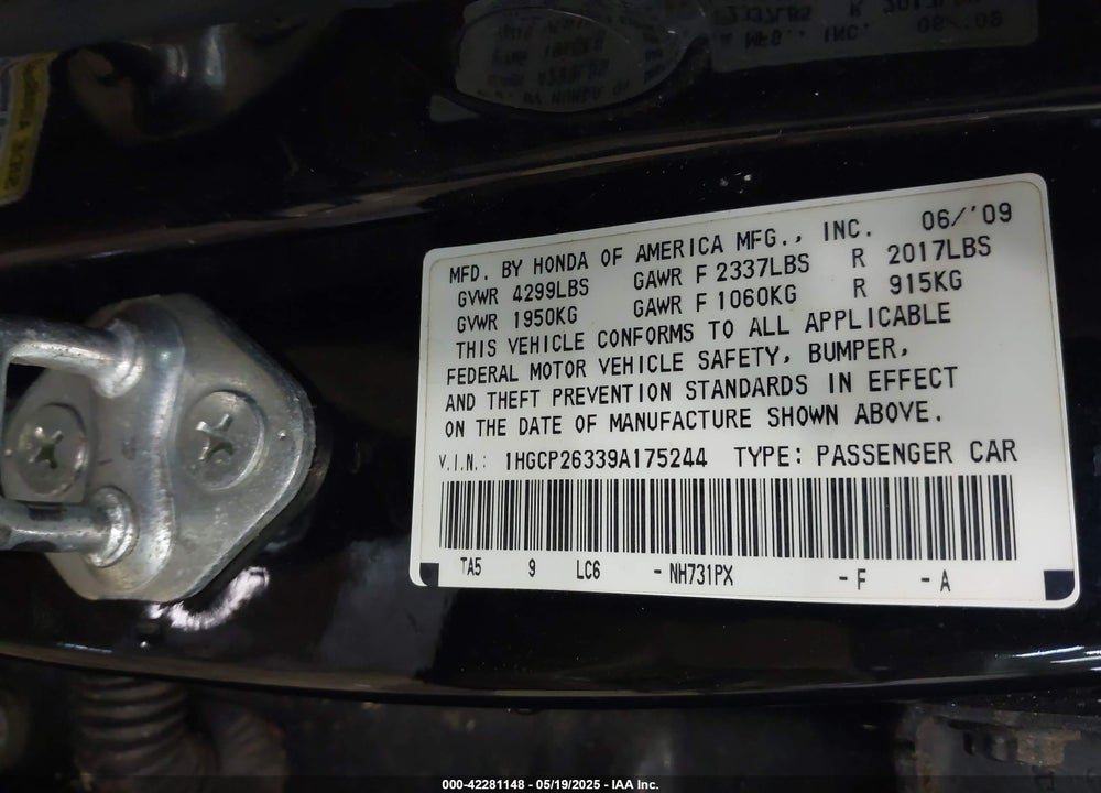 2009 HONDA ACCORD 2.4 LX VIN: 1HGCP26339A175244