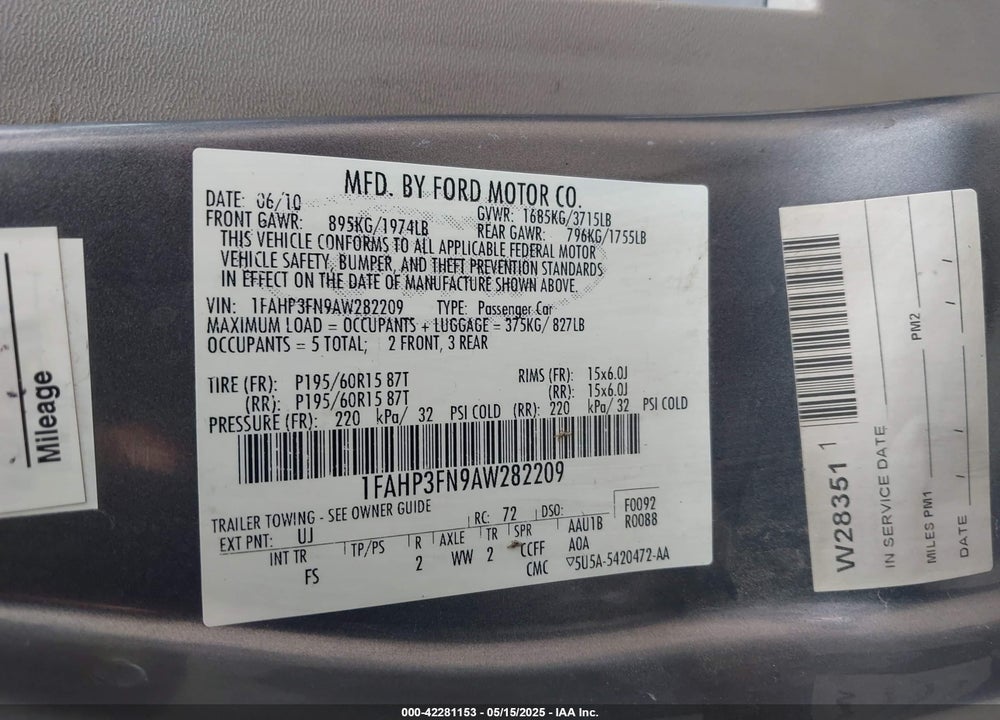 2010 FORD FOCUS SE VIN: 1FAHP3FN9AW282209