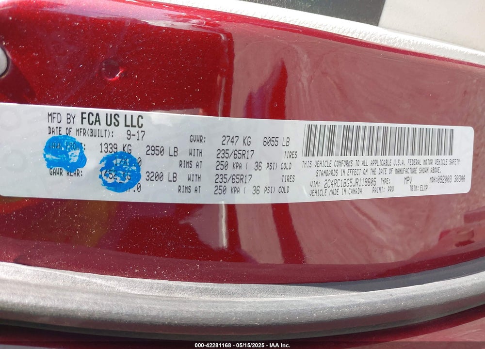 2018 CHRYSLER PACIFICA TOURING L VIN: 2C4RC1BG5JR119605