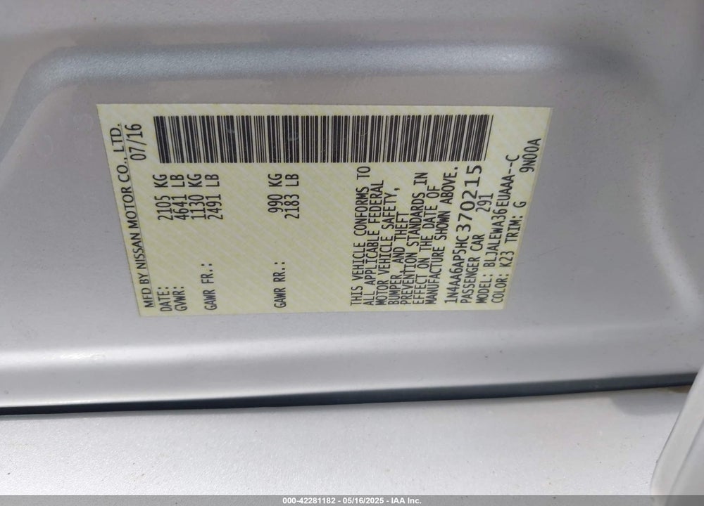 2017 NISSAN MAXIMA VIN: 1N4AA6AP5HC370215
