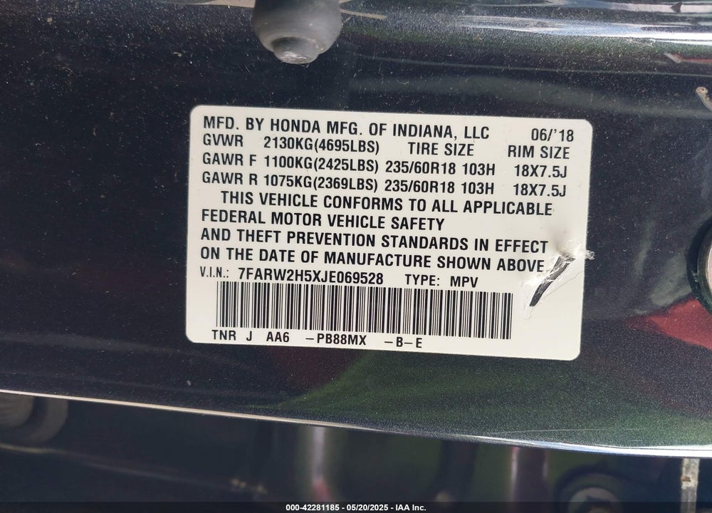 2018 HONDA CR-V VIN: 7FARW2H5XJE069528