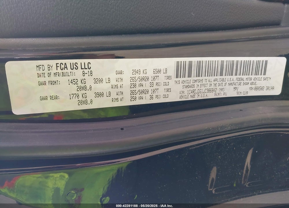2018 DODGE DURANGO VIN: 1C4RDJDG1JC386842