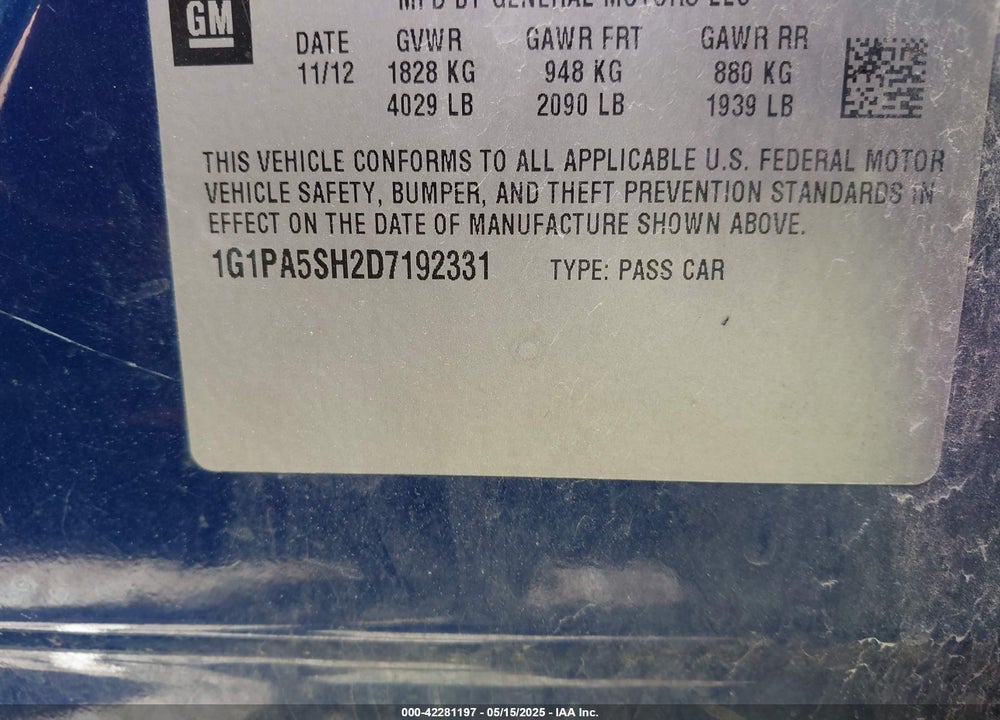 2013 CHEVROLET CRUZE VIN: 1G1PA5SH2D7192331