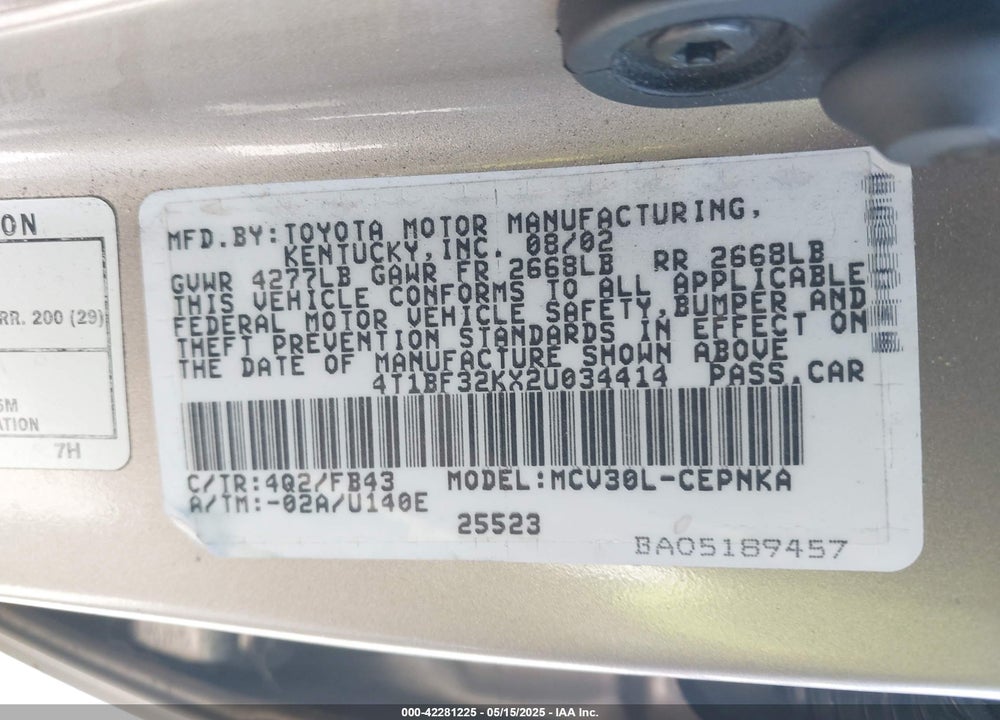 2002 TOYOTA CAMRY LE V6 VIN: 4T1BF32KX2U034414