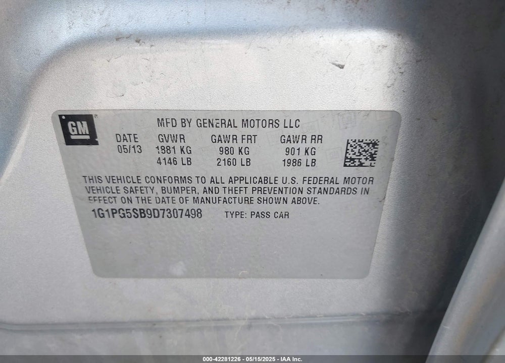 2013 CHEVROLET CRUZE VIN: 1G1PG5SB9D7307498